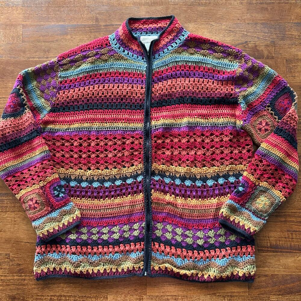 Coldwater Creek Boho Crochet Zip-Up Cardigan – Vibrant Granny Chic 3X”?